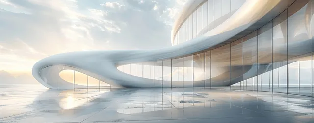 Curved white architectural structure with glass windows and a glossy concrete floor in a bright open space.