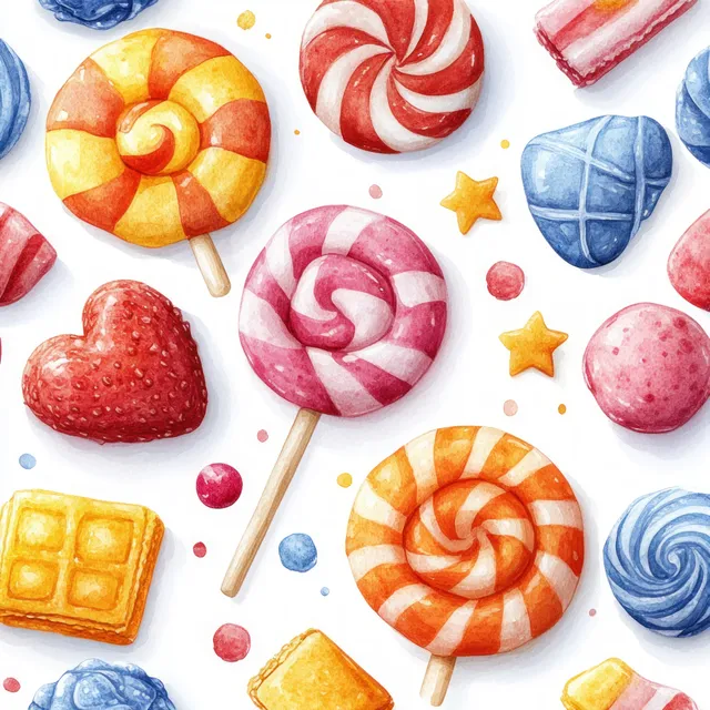 Seamless Christmas pattern shows candy swirls, lollipops, stars, and gingerbread-shaped treats on a watercolor background.