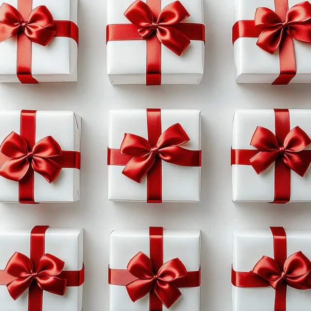 White gift boxes arranged in a grid with shiny red ribbons and bows.