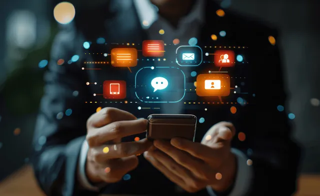 Man holding a smartphone with floating chat bubble icons over a blurred home-office background.
