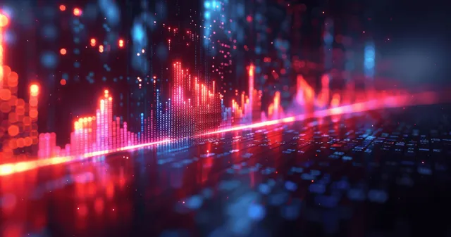 Red candlestick trading chart overlays a blurred futuristic financial data grid in a dark market scene.