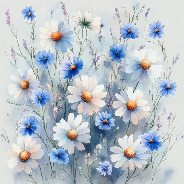 Watercolor wildflower pattern with white daisies and blue cornflowers scattered on a light grey background.