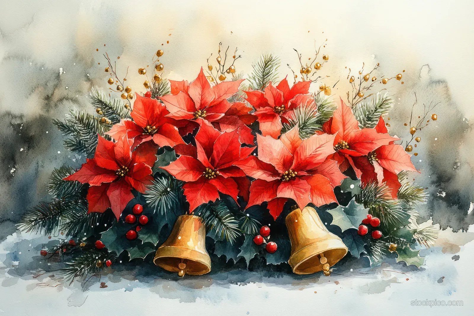 Watercolor wreath of red poinsettias and pine branches with two golden bells against light snow.