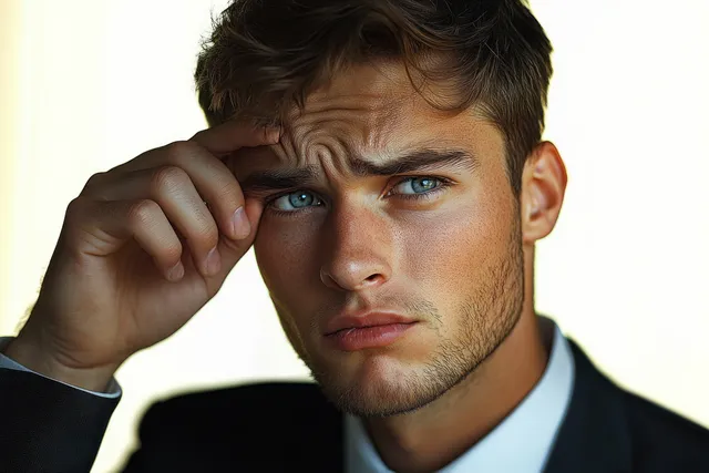 Joven de ojos azules con barba incipiente tocándose la sien con el ceño fruncido en un retrato en primer plano en interior.