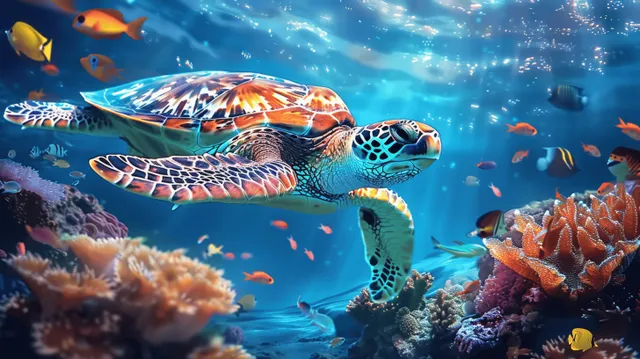 A colorful sea turtle swims over vibrant coral reefs surrounded by tropical fish in a clear underwater scene.
