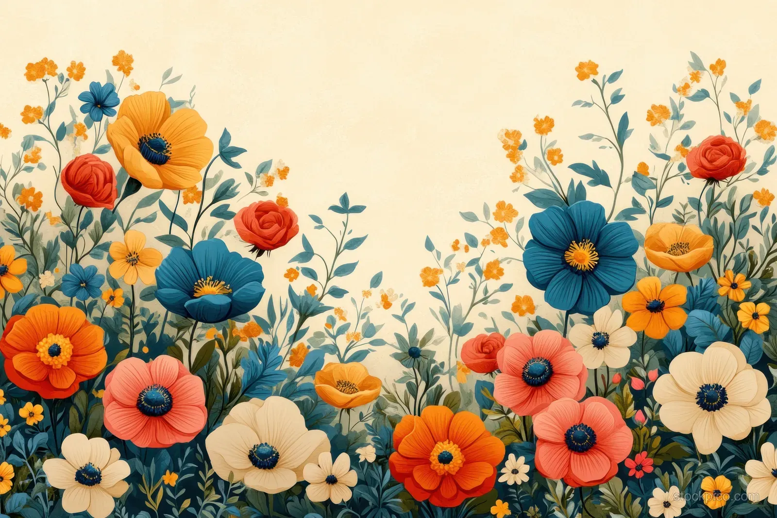 Pastel wildflower illustration showing layered orange, peach, and blue blossoms with small leafy stems.