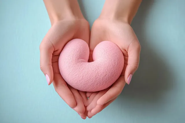 Two hands cradle a soft pink heart against a light blue background
