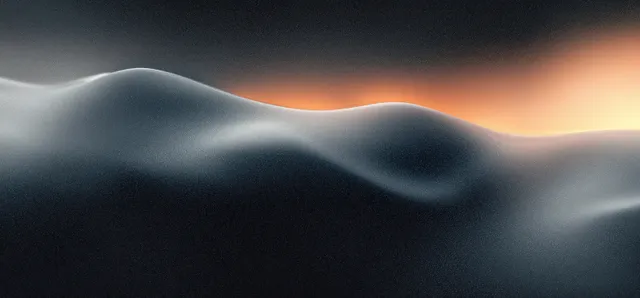 Monochrome blurred gradient waves over a dark horizon with subtle film grain texture.