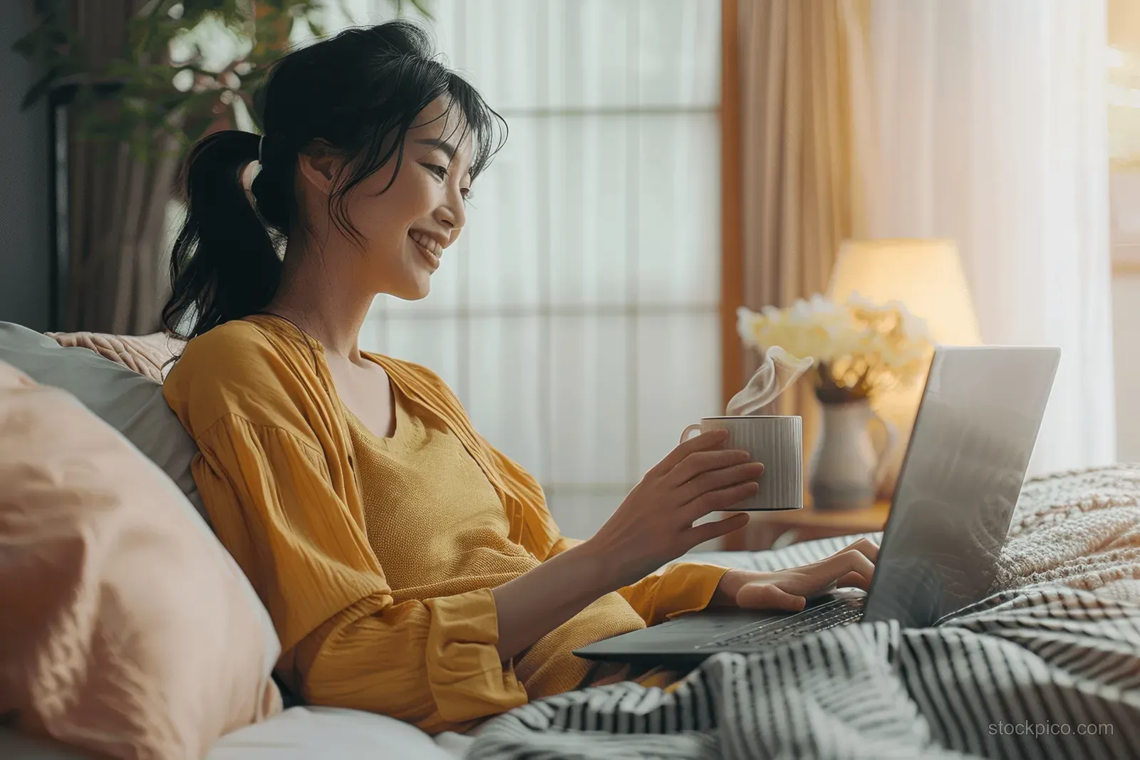 Middle-aged woman in a yellow shirt types on a laptop while holding coffee from a bed in a bright bedroom.