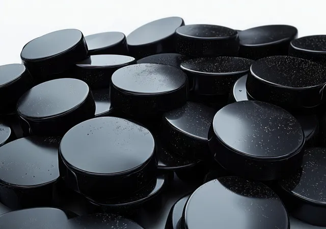 Pile of black hockey pucks on white surface with glossy reflections and grit texture