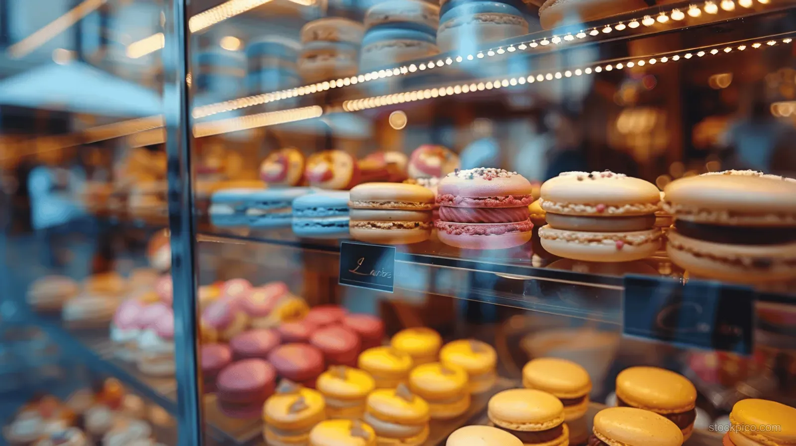 Colorful macarons and pastries displayed behind a glass case with warm lights in a Paris street setting.