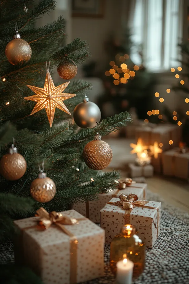 Decorated Christmas tree with star ornaments and warm lighting beside wrapped gifts in a cozy living room.