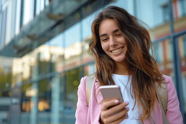 Smiling businesswoman in pink blazer using smartphone outside modern office glass facade