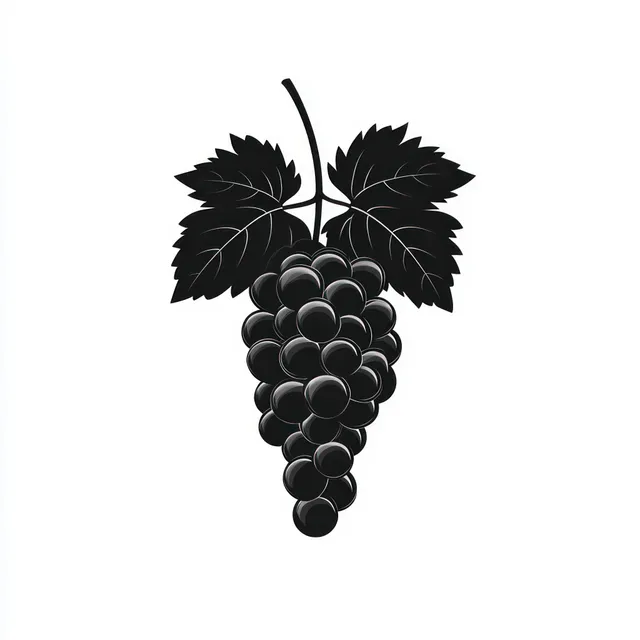Black and white illustration of a grape cluster with two large leaves