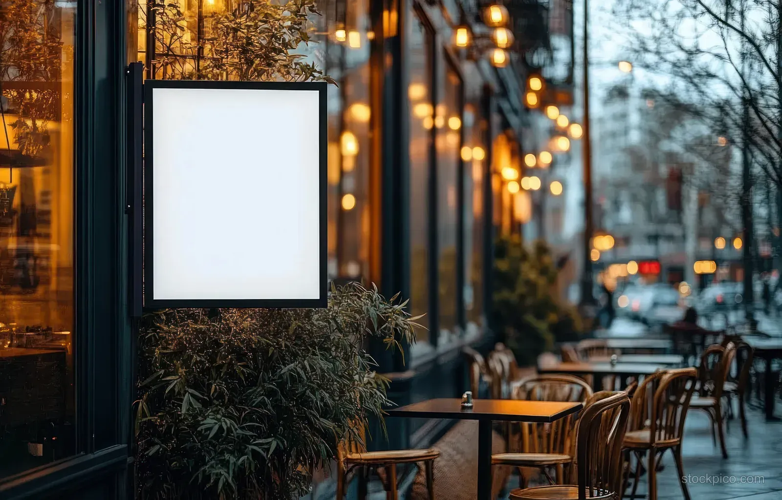 Empty cafe patio seating along a city street at dusk with warm hanging lights and a blank illuminated sign.