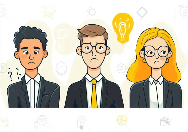Three business professionals in suits appear as minimal line-art icons with puzzled faces, set against pastel office symbols.