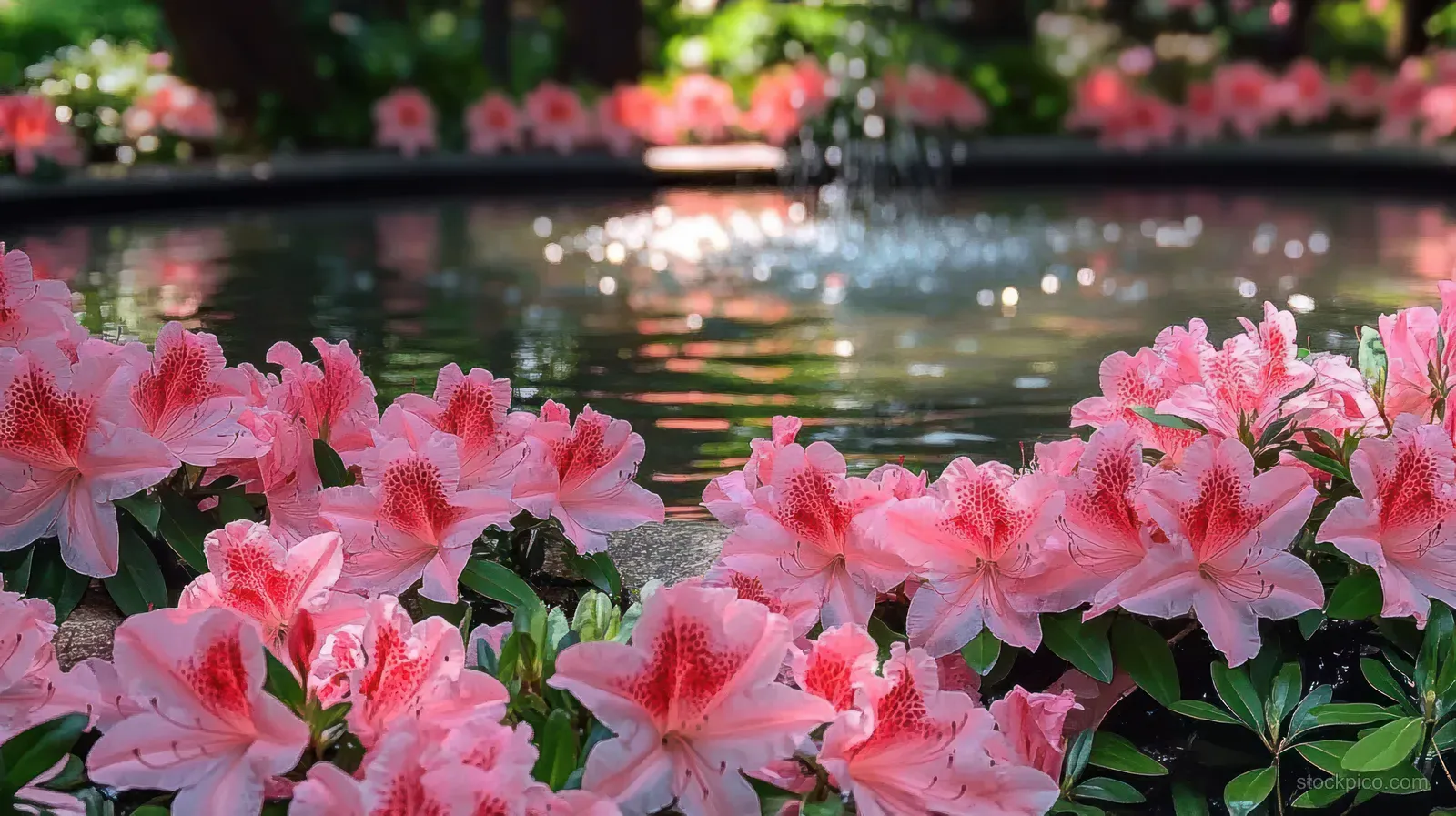 Pink azalea blossoms surround a garden water fountain with shimmering ripples reflected on the surface.