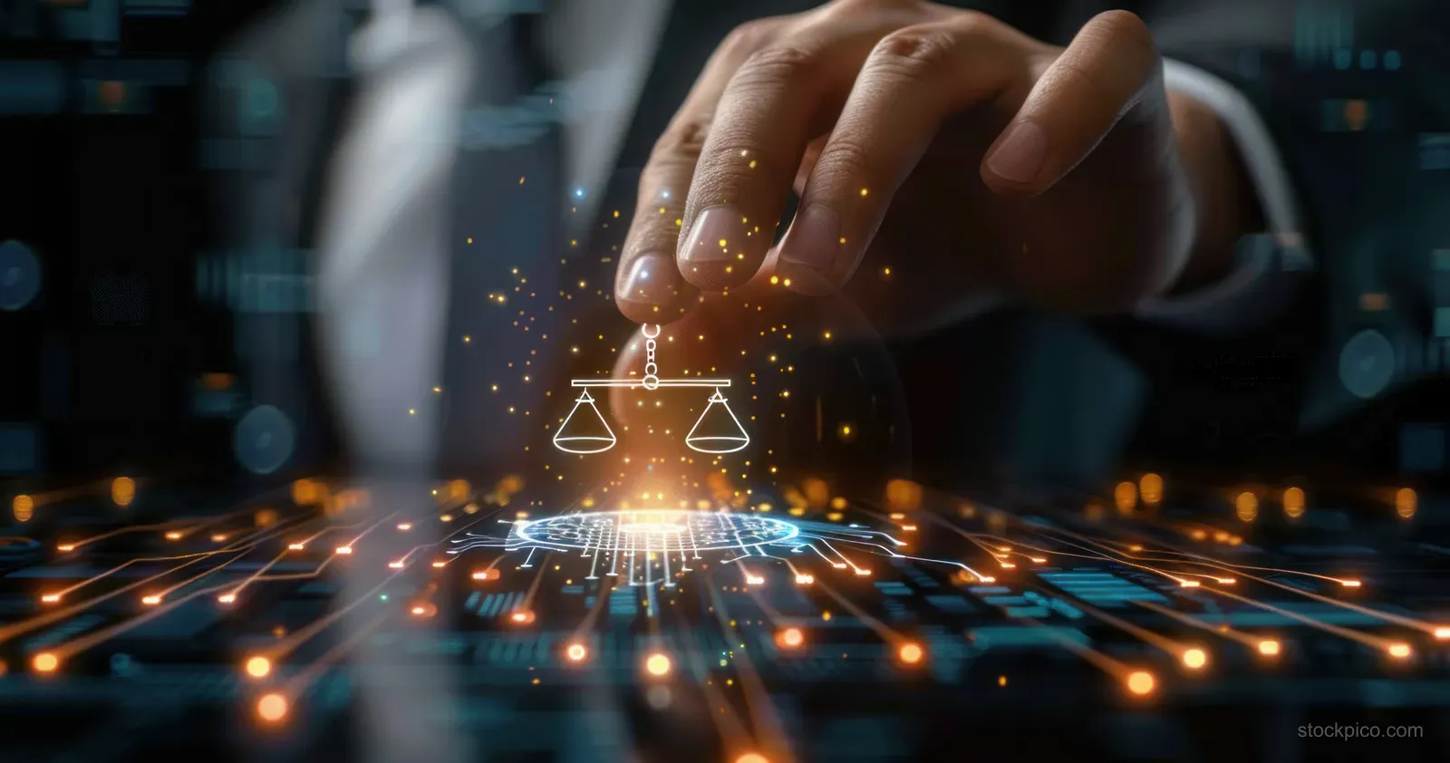 A hand controls glowing holographic scales of justice over a futuristic circuit board with light trails.