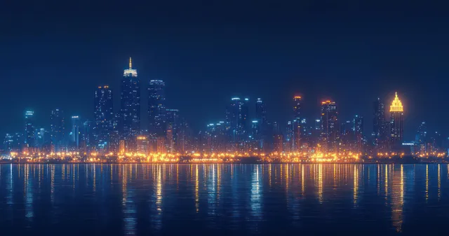An illuminated city skyline at night reflects orange and white lights on calm water.