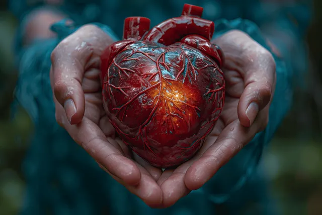 Hands cradle a glowing red anatomical heart with branching veins and warm light against a dark blurred background.