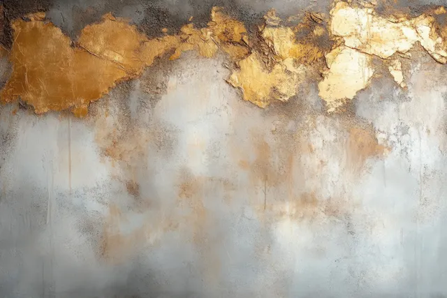 Peeling golden paint flakes over a cracked, dusty plaster wall with stained patches and rough texture.