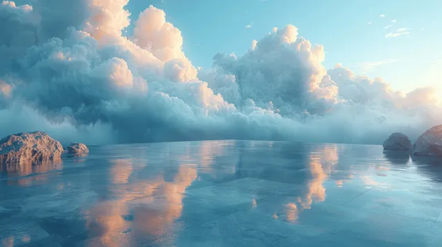 Clouds drift above a calm lake, reflected in the water beside distant rocky islands.