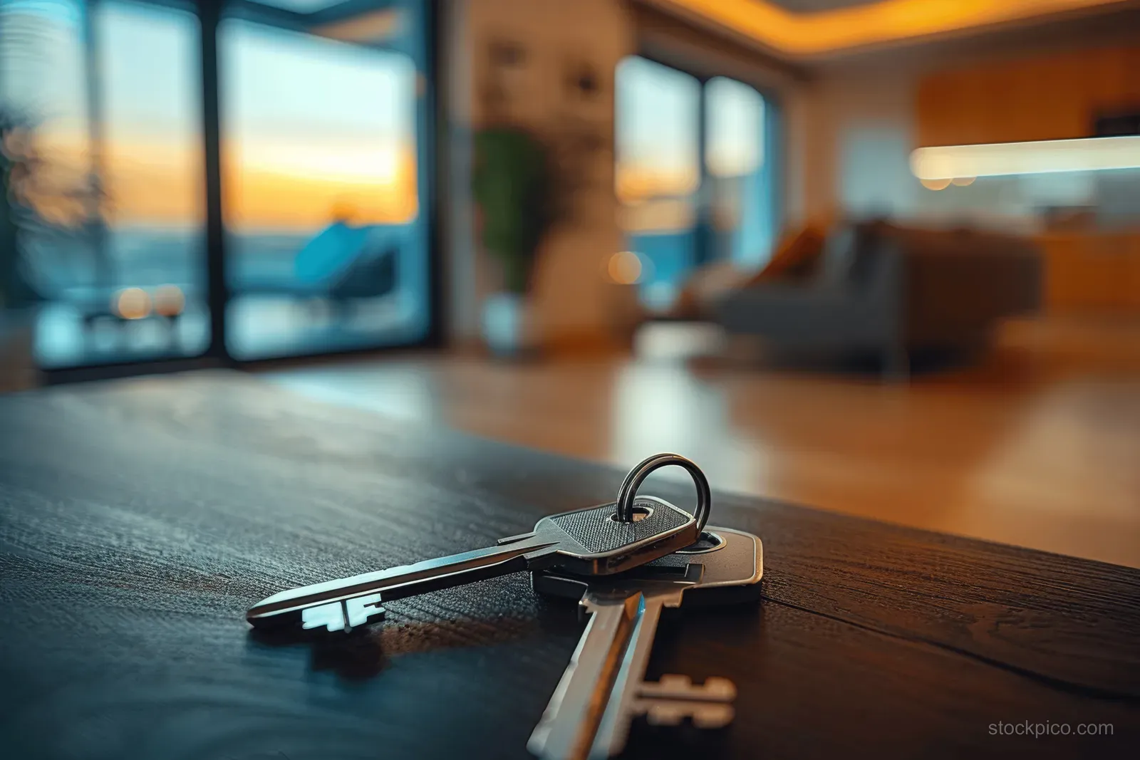 Metal house keys lie on a wooden table inside a bright room with windows blurred behind.