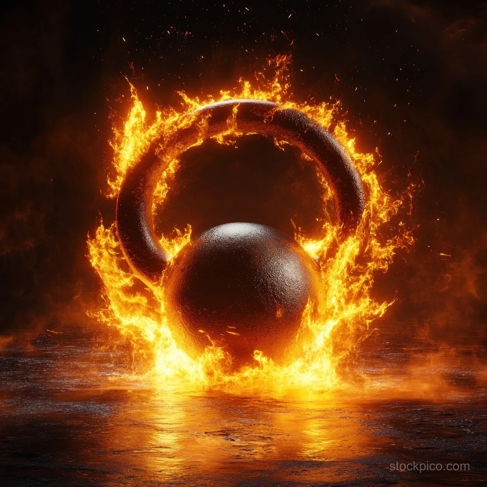A flaming kettlebell in motion symbolizes power and energy in a heavy metal fitness concept.
