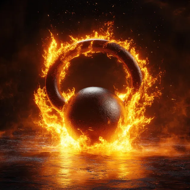 A flaming kettlebell in motion symbolizes power and energy in a heavy metal fitness concept.