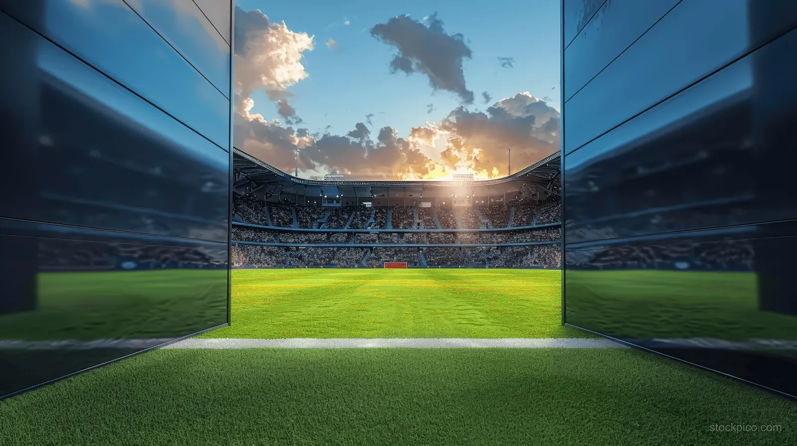 Stadium entrance corridor frames a green football field with sunlit grandstands at sunset.