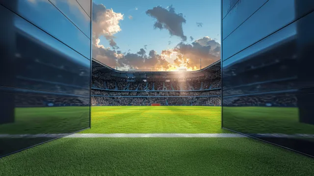 Football stadium entrance corridor opening to green pitch under sunset sky