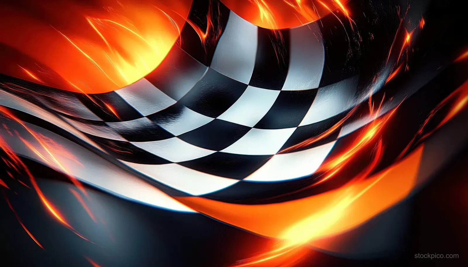 A close-up checkered racing flag flutters with swirling orange and red light streaks around it.
