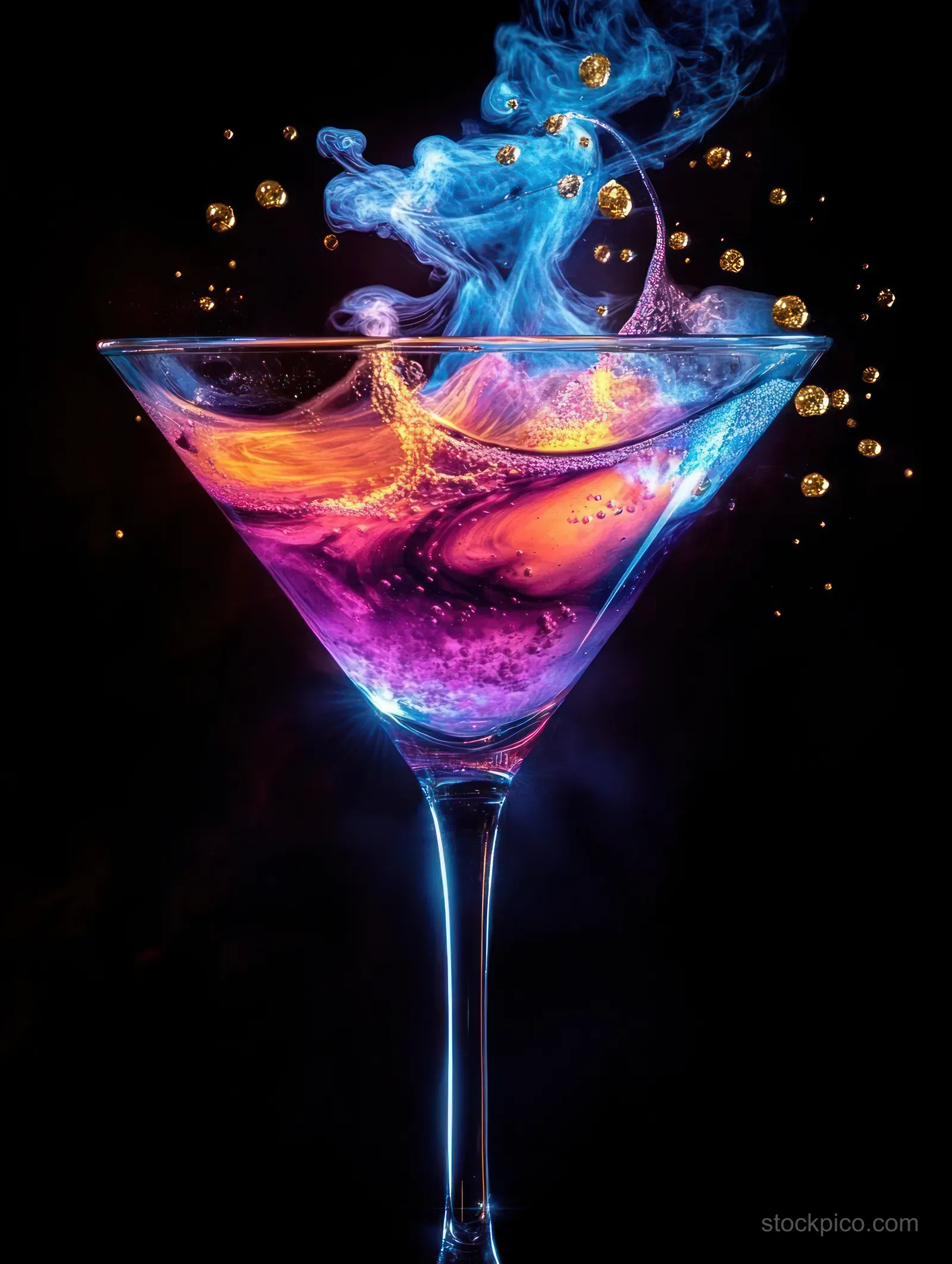 A purple martini cocktail in a glass swirls with blue smoke and golden droplets against a dark background.