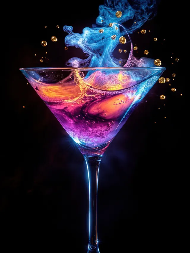 A purple martini cocktail in a glass swirls with blue smoke and golden droplets against a dark background.