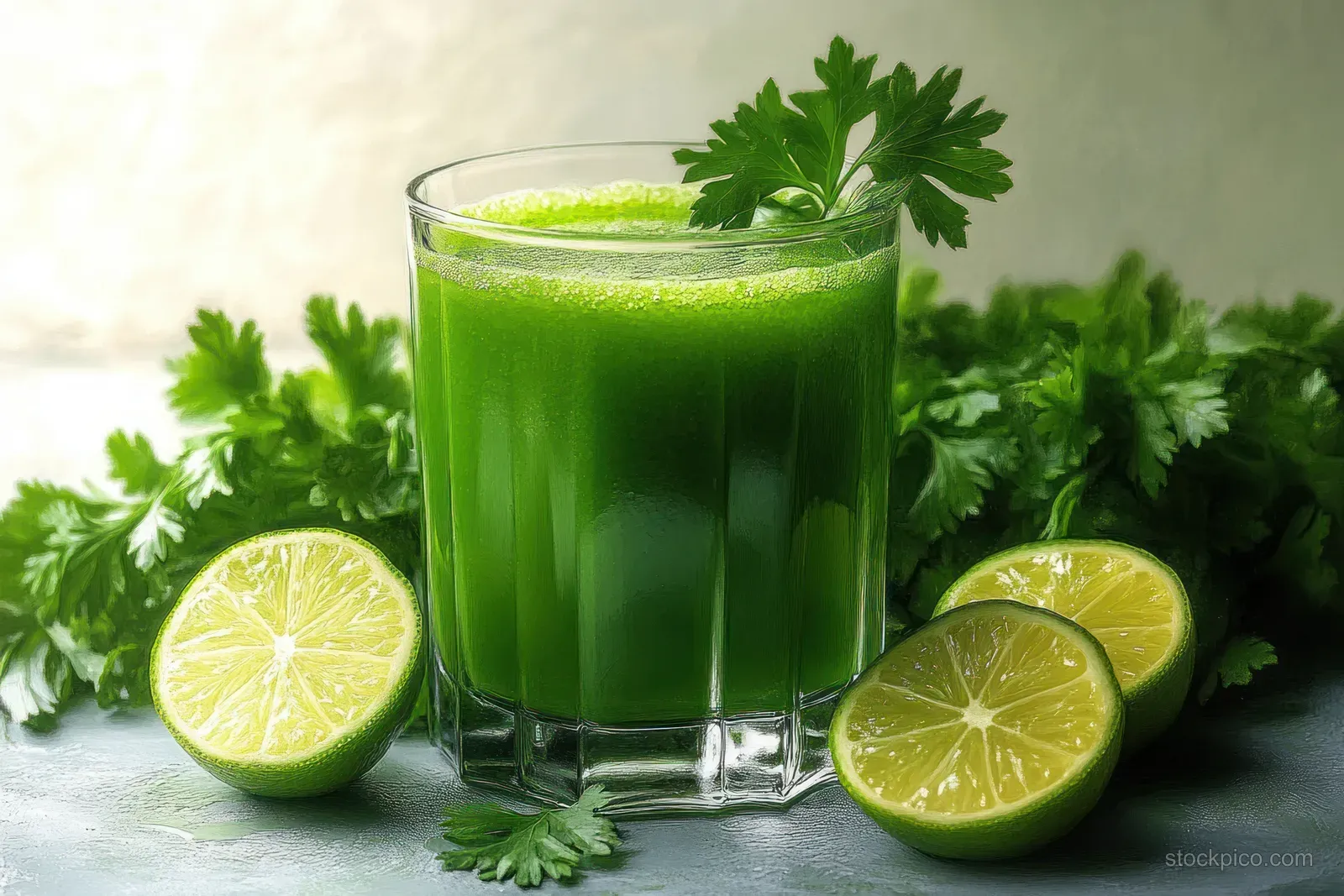 Clear glass of vibrant green herb juice topped with parsley, surrounded by halved limes and cilantro on a light surface.