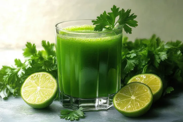 Clear glass of vibrant green herb juice topped with parsley, surrounded by halved limes and cilantro on a light surface.