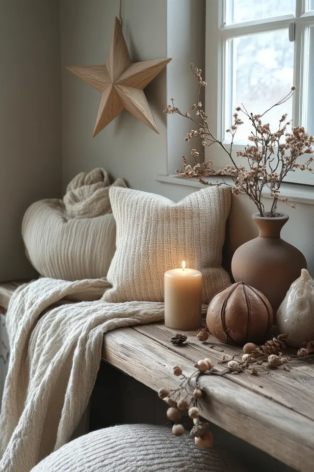 Scandinavian living room corner with a lit candle on a wooden table, star ornament, and winter decor by the window.