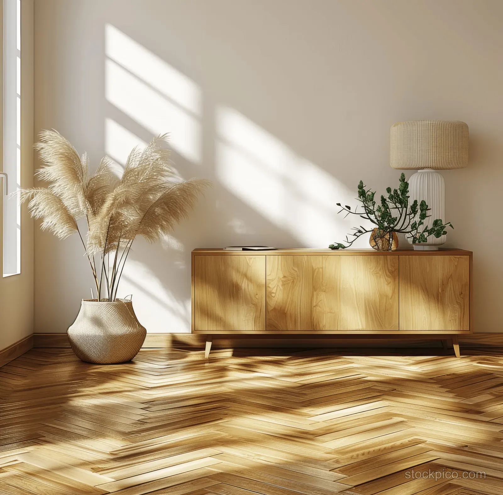 Sunlit coastal bedroom with wooden sideboard on warm parquet floor and minimalist framed wall art.