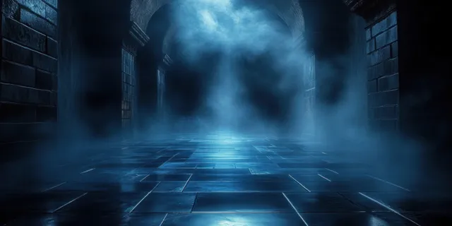 A dark blue-lit corridor with glossy wet tiles, heavy fog, and long perspective into the distance.