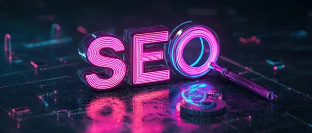 Cyberpunk SEO isometric scene with glowing magnifying glass over neon search data