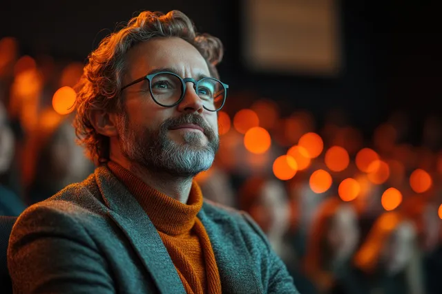 A person with curly hair wearing a VR headset in a dim office with blurred warm lights behind.