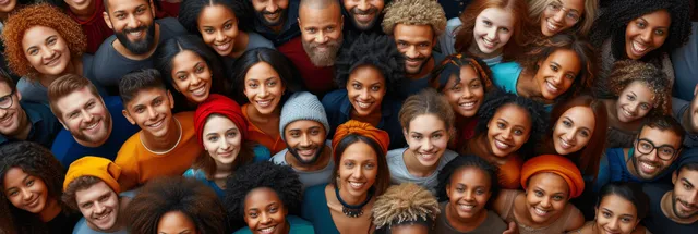 Overhead view of diverse group smiling together in a circle, celebrating unity