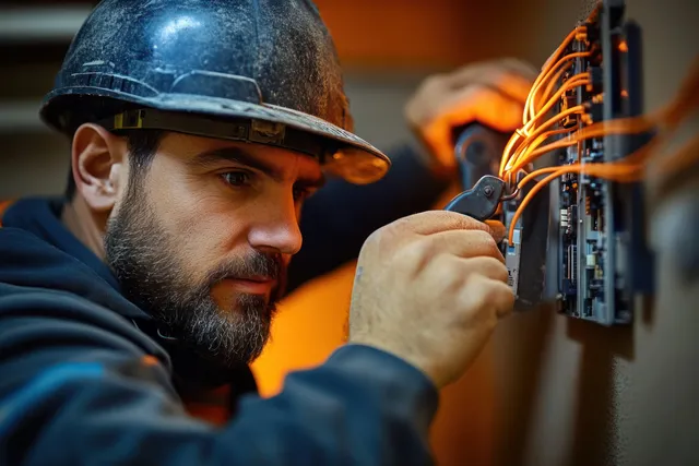 An electrician in a hard hat tightens wiring connections inside an electrical panel with orange cables nearby.