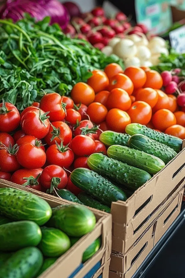 Market produce display with tomatoes, cucumbers, and leafy greens arranged in wooden crates