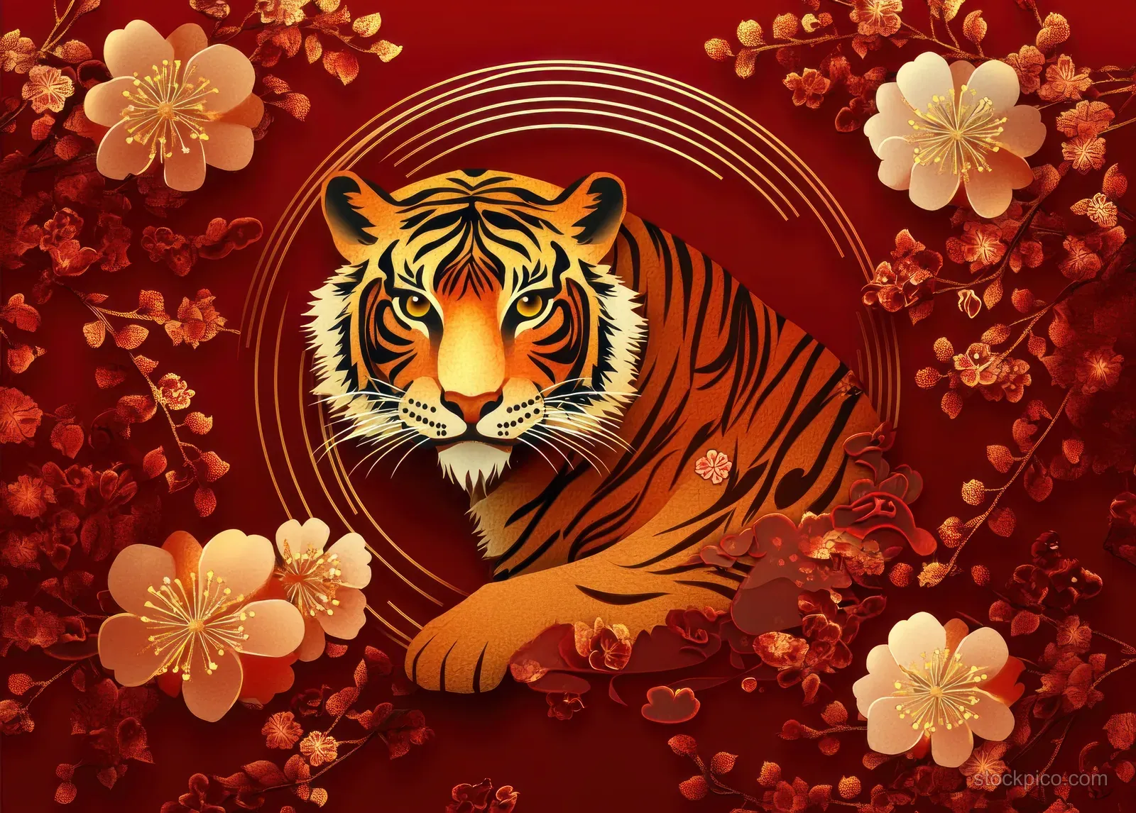 Golden tiger paper-cut art centered on a red background with cherry blossoms and a glowing circular halo.