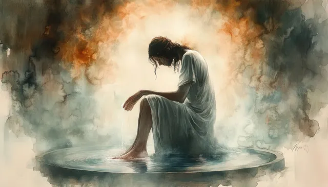 Jesus washing feet on Maundy Thursday, watercolor scene with soft steam and warm light