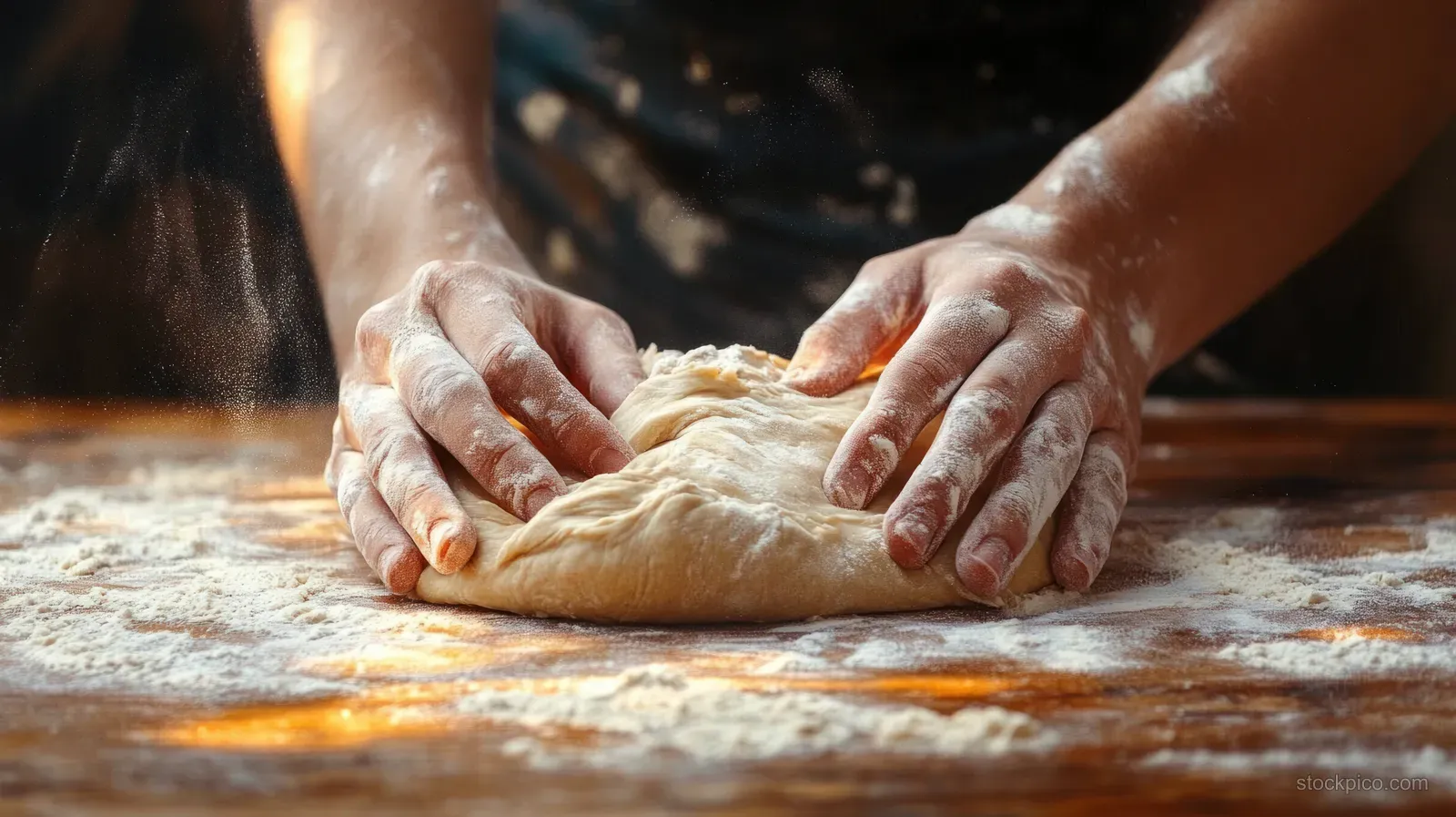 Hands knead bread dough on a floured wooden board, with flour dust visible under natural light.