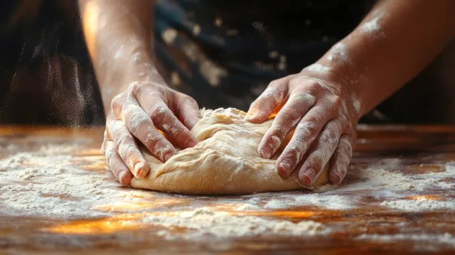 Hands knead bread dough on a floured wooden board, with flour dust visible under natural light.