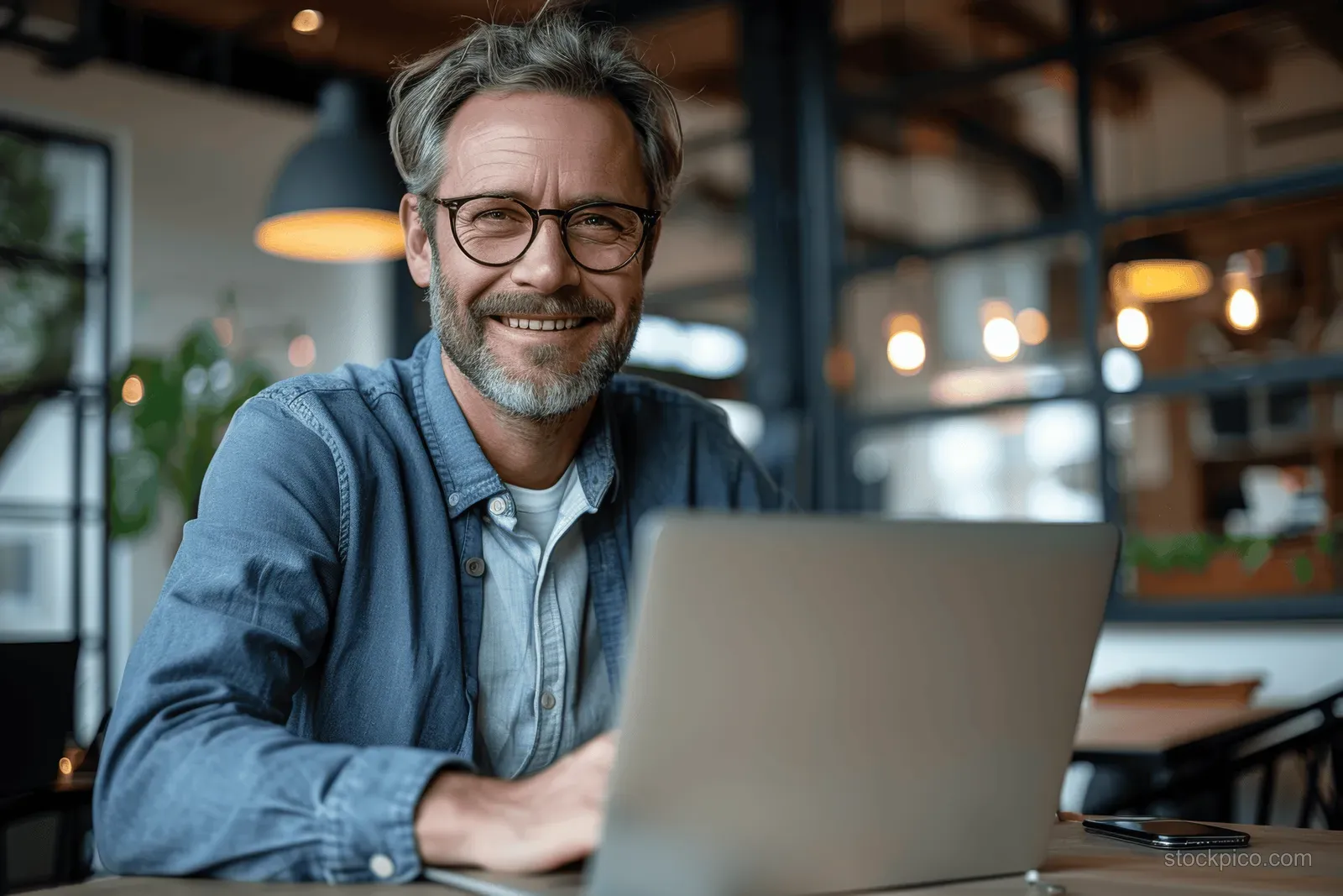 Smiling middle-aged man with glasses types on a laptop at a cafe table under warm pendant lights.