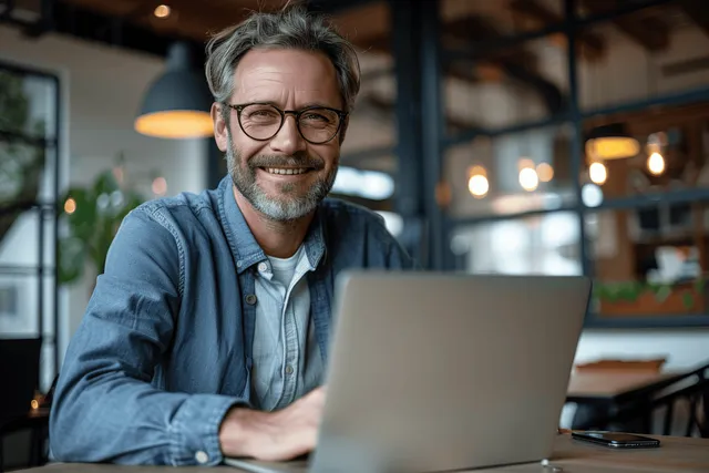Middle-aged man with glasses typing on laptop at a warmly lit cafe table